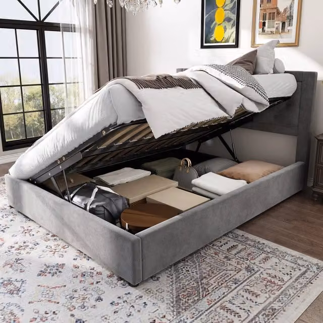 Letto matrimoniale imbottito 140 × 200 cm contenitore con rete a doghe acciaio velluto grigio testiera capitonné