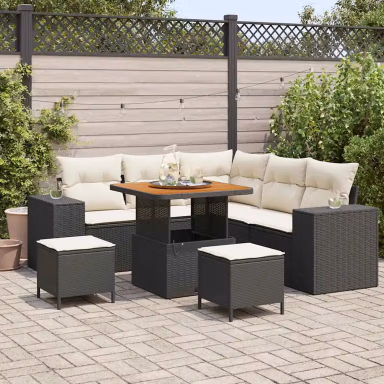 Set Divano da Giardino vidaXL 8 Pezzi a Forma di L con Cuscini, Colore Nero e Beige, Struttura in Acciaio Verniciato a Polvere e Design Moderno per Terrazza e Balcone