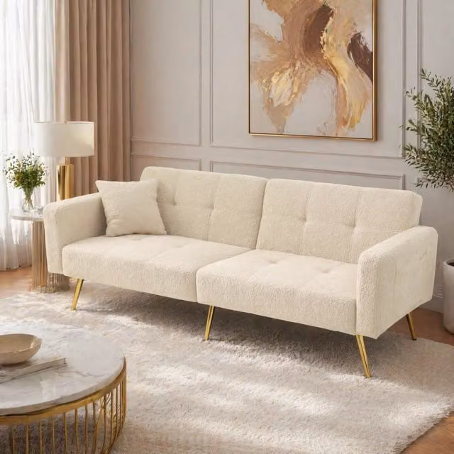 Divano letto convertibile con schienale regolabile; 175 cm; in sherpa beige