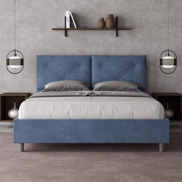 Letto matrimoniale Ityhome con contenitore a sollevamento, rivestito in microfibra blu, L/P/H: 150 x 190 x 110 cm