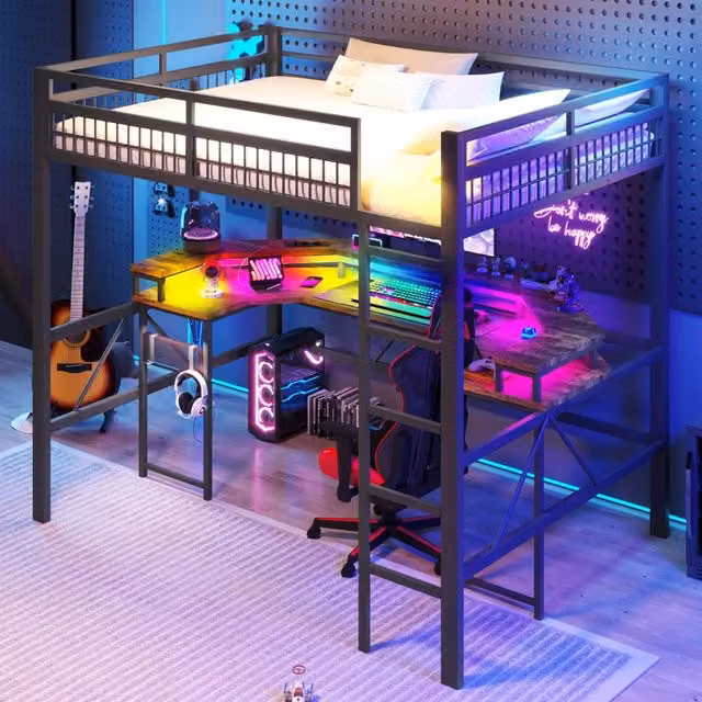 Desviae Letto a soppalco 2 posti con scrivania, LED, USB, Type-C e 2 prese 140 × 200 cm, senza materasso