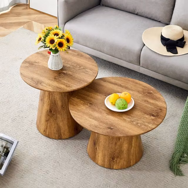 Tavolini da divano rotondi set di 2 in MDF effetto legno con basi circolari svasate per soggiorno e lounge