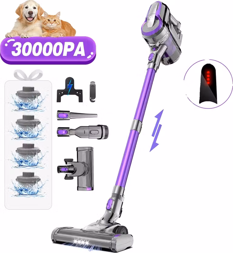 Aspirapolvere a batteria, potenza di aspirazione 30KPa, autonomia 55 minuti, filtro HEPA, LILA, EU