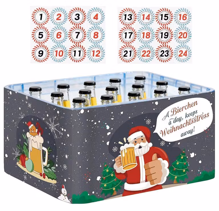 Calendario dell'Avvento a tema birra per uomini, realizzato in feltro, adatto a contenere 24 lattine di birra e completo di adesivi