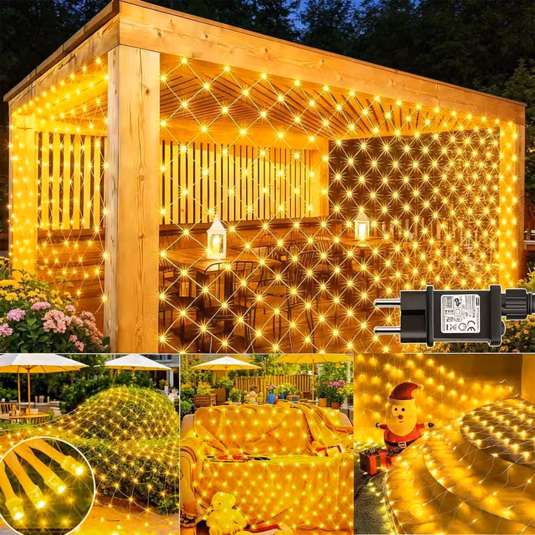 Rete luminosa a LED, dimensioni 3x2 metri, 200 LED bianco caldo, grado di protezione IP65, 8 modalità