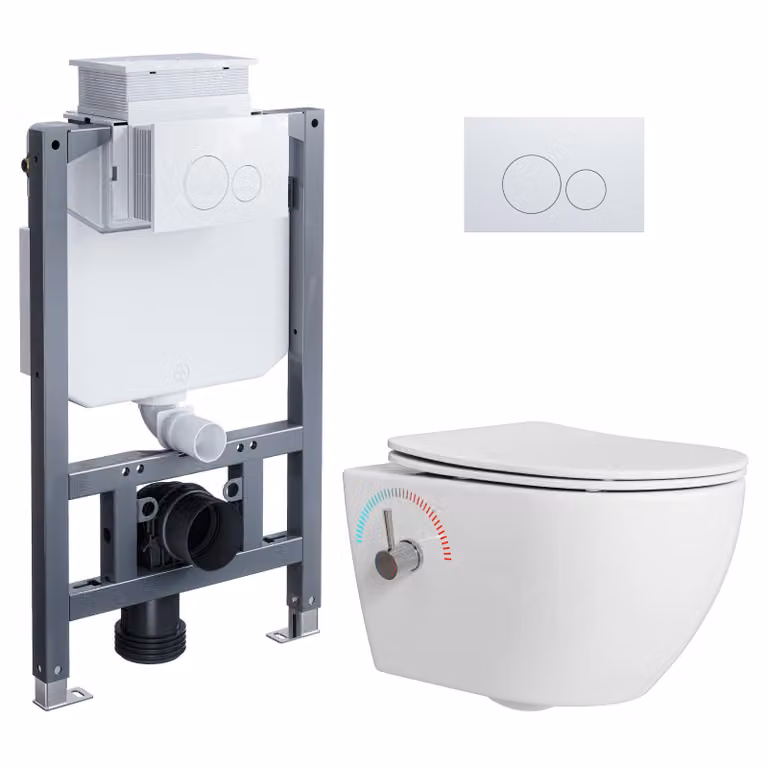 Set completo per WC sospeso con doccia integrata HOROW - 82 cm, composto da: elemento di supporto a muro, cassetta di scarico nascosta, vaso WC sospeso e pulsante rotondo bianco
