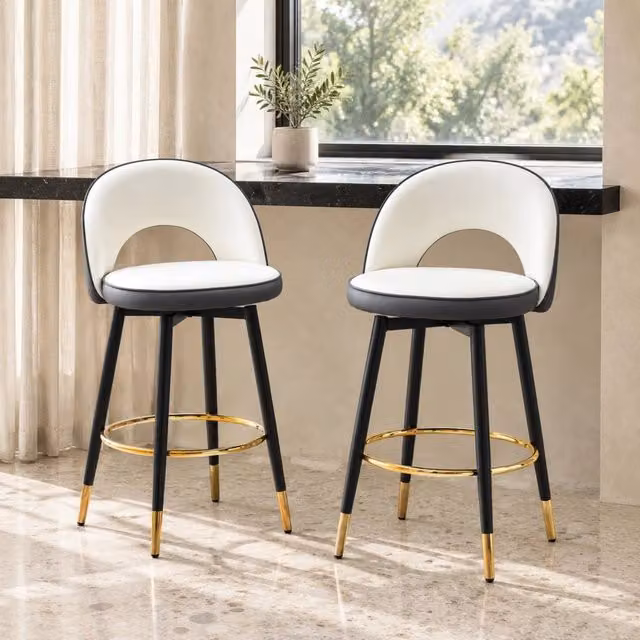 Set di 2 sgabelli da bar MIVRAY girevoli a 360 gradi in similpelle grigio scuro e bianco con gambe in metallo dorato
