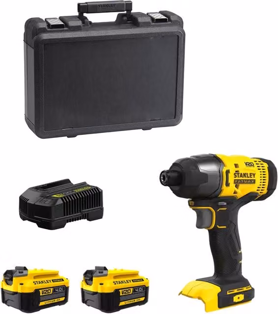 Avvitatore a impulsi Stanley FatMax SFMCF800M2K giallo con 2 batterie da 4,0 Ah, caricabatteria e valigetta