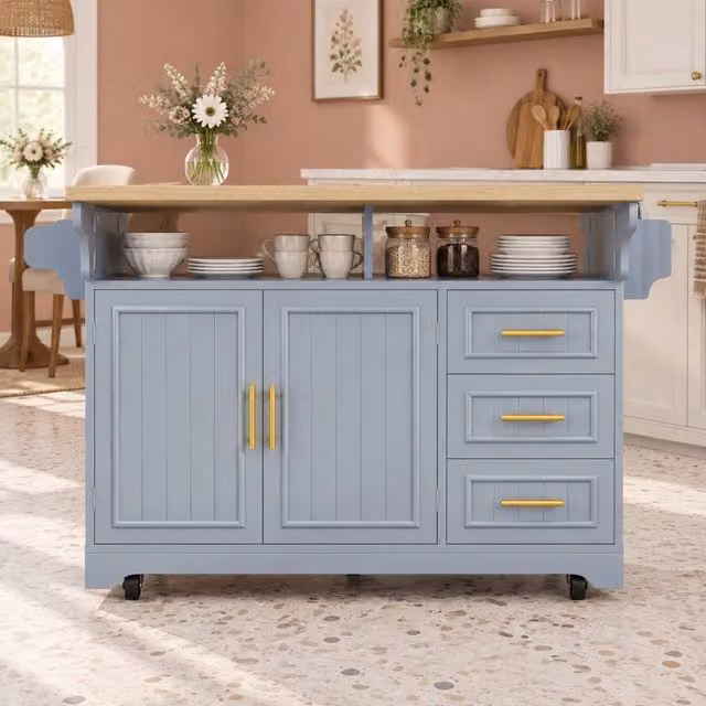 Carrello da cucina con 3 cassetti, ripiani regolabili e piani ribaltabili, su ruote, in MDF blu, 120 × 40(80) × 95 cm
