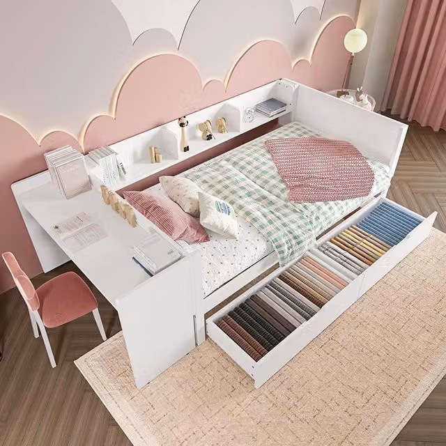 Letto singolo-Xylo-90x200 cm-con scrivania, 2 cassetti, scaffali, pino, bianco