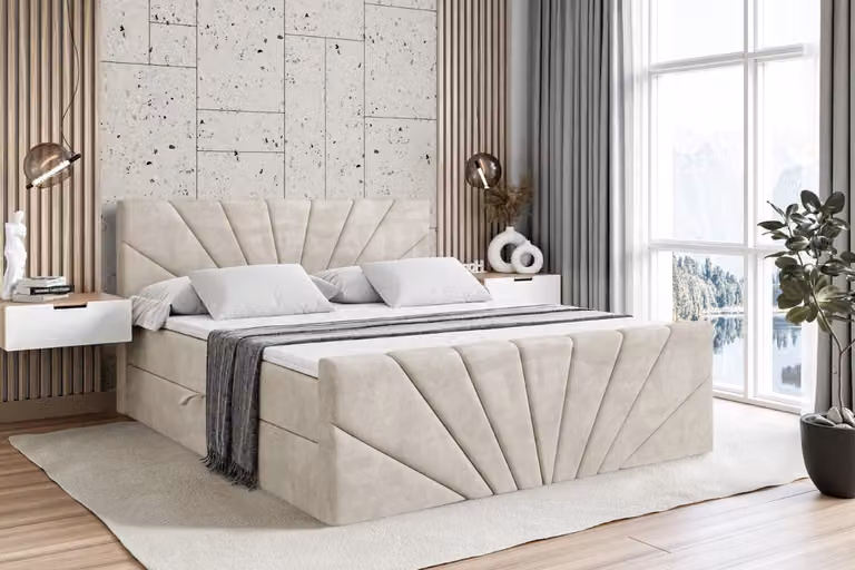 Letto boxspring ALTDECOR con pediera, materasso H4 e topper - 120x200 cm - MILTIO-Z - Velluto color taupe - Letto imbottito con contenitore e rete a doghe, letto con spazio contenitivo