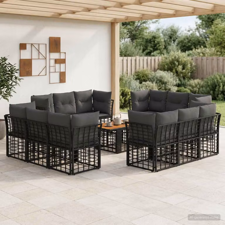 Set Divano da Giardino vidaXL in Polyrattan 13 Pezzi con Tavolino e Cuscini, Design Moderno a L, Nero e Grigio
