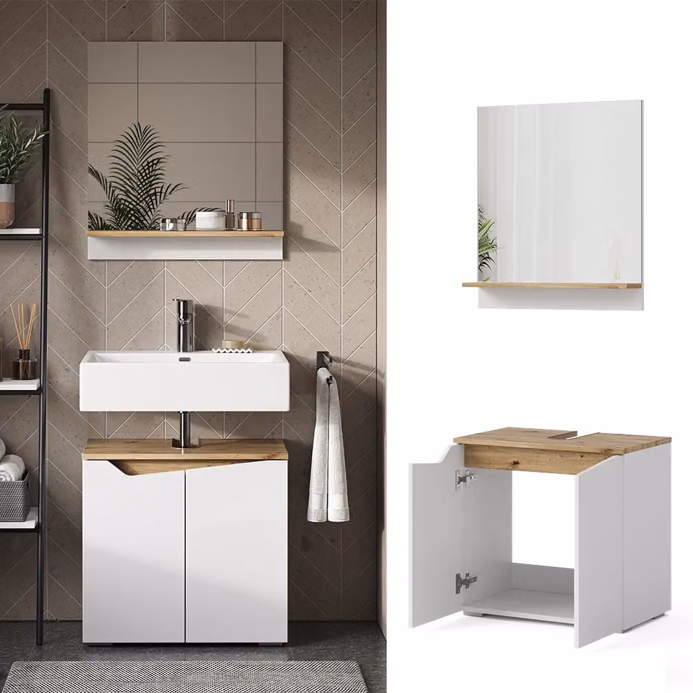 Set di mobili da bagno Vicco Marelle composto da mobile lavabo e pensile con specchio, Bianco e Rovere, L: 60,0 cm, P: 35,0 cm, H: 57,5 cm – 2
