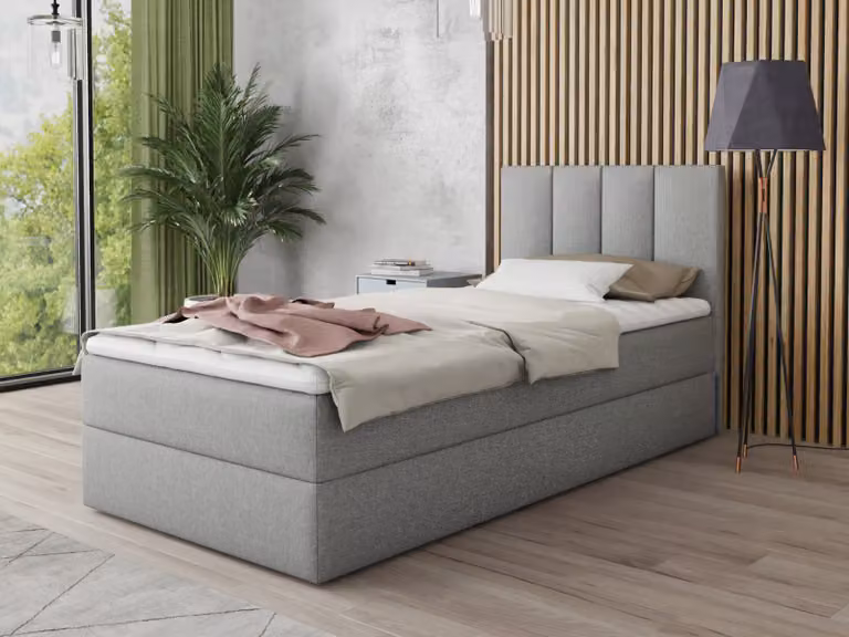 Letto boxspring Star Mini con contenitore, materasso Bonell e topper - Letto singolo con topper, letto imbottito, letto, camera da letto, camera dei ragazzi (Grigio (Inari 91), 90 x 200 cm)