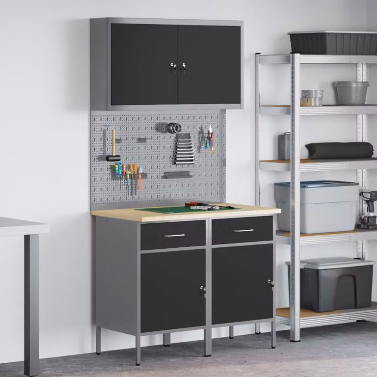 Carrello da lavoro mobile vidaXL in 5 pezzi nero con legno ingegnerizzato e acciaio con serratura