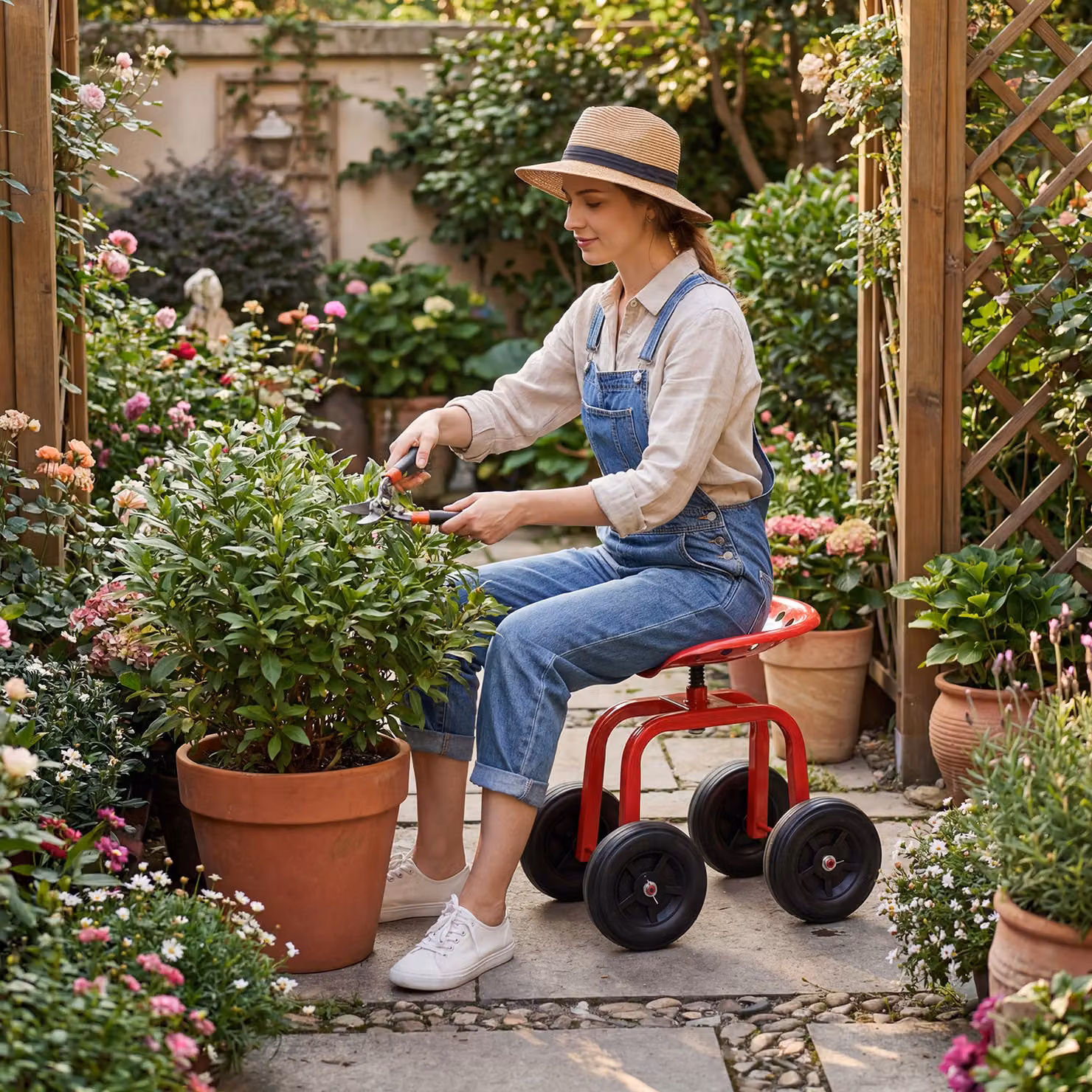 Carrello da giardino con seduta girevole a 360° e altezza regolabile Costway Rosso