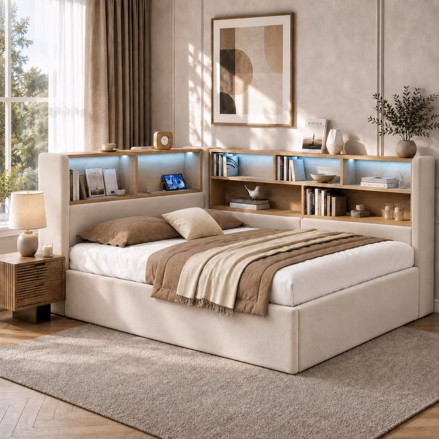 Divano letto idraulico Flieks 90x200cm con contenitore, letto imbottito con USB e Type-c, letto da giorno letto singolo letto per ragazzi con Led, velluto, beige
