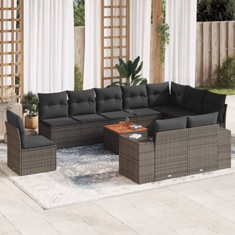 vidaXL Set Divani da Giardino 11 pz in Polyrattan Grigio con Cuscini e Tavolino da Caffè
