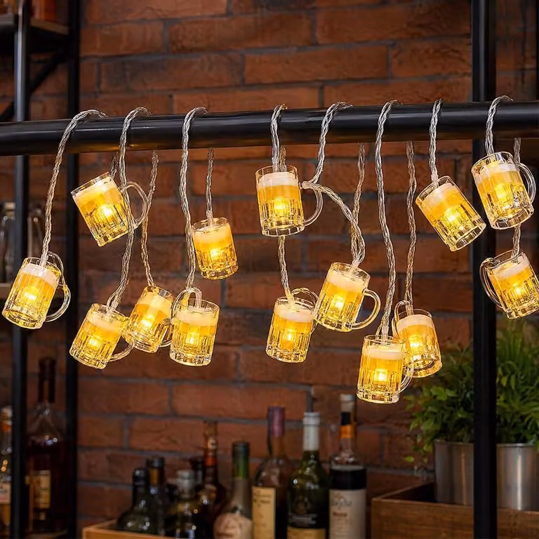 Catena luminosa a LED, lunghezza 3 metri, 20 lampadine a forma di boccale di birra, alimentazione a batteria