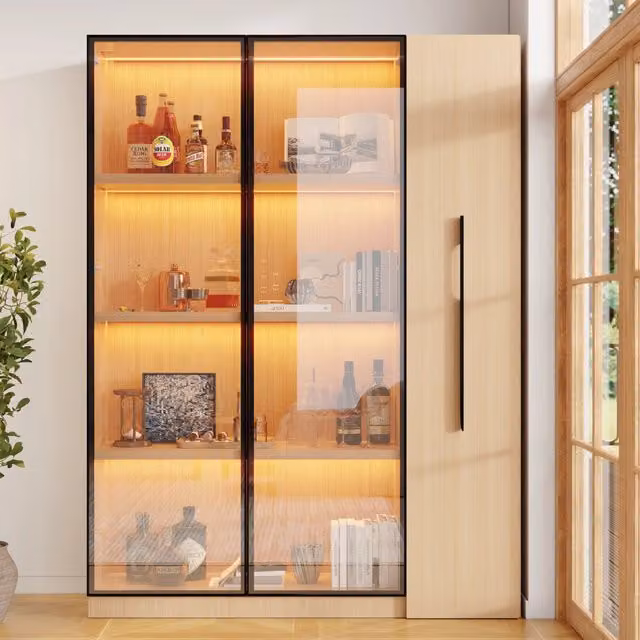Vetrina con LED e mobile estraibile su ruote, anta in vetro e ripiani, per soggiorno, MDF rovere, 110.5 × 35 × 160 cm