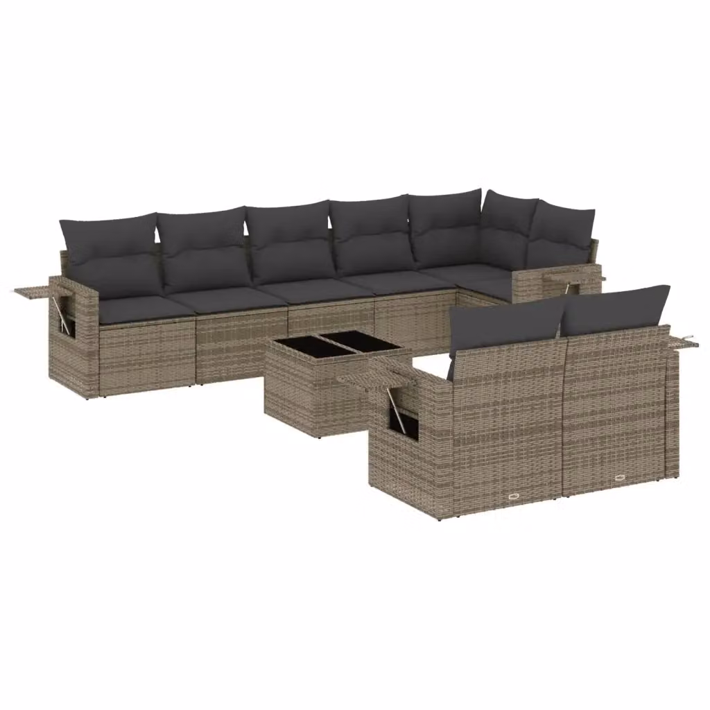 vidaXL Set Divano da Giardino 9 pz in Polyrattan Grigio con Cuscini e Tavolino – 2