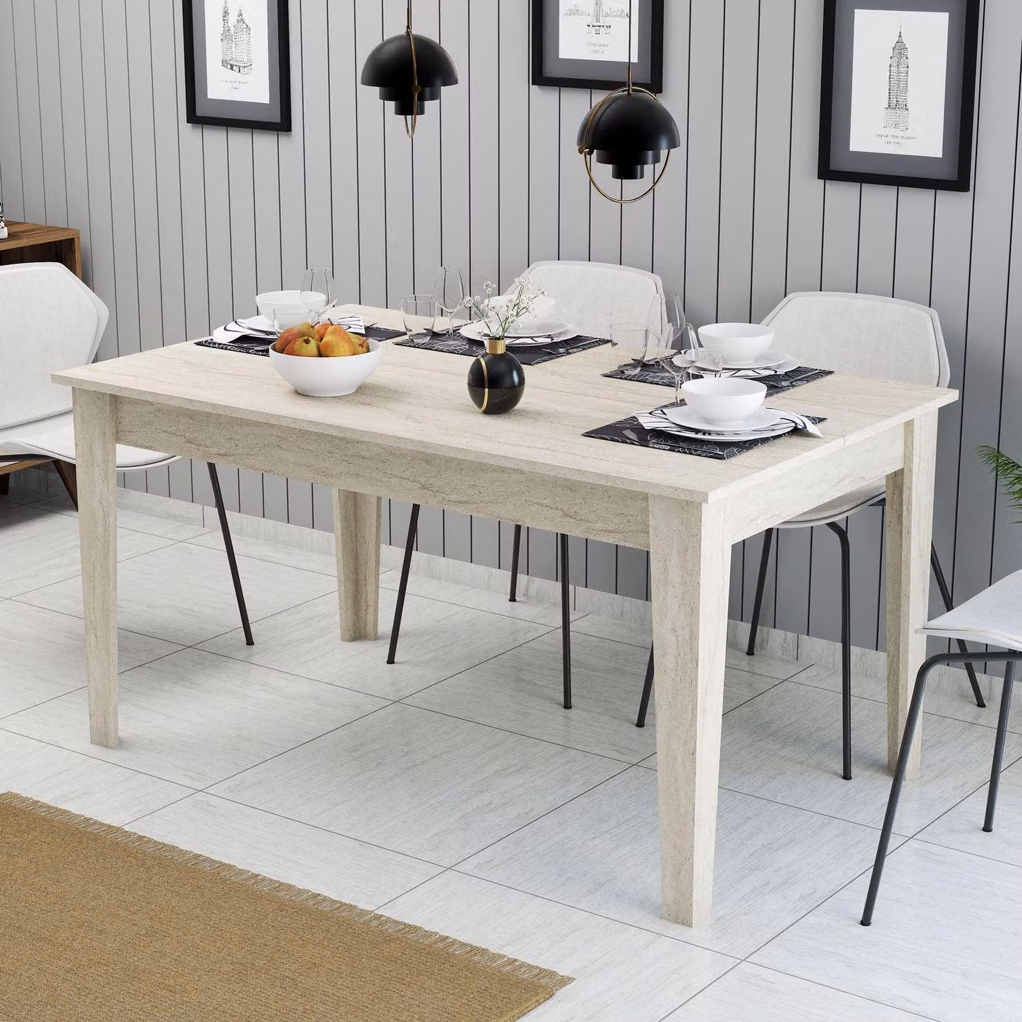 Skye Decor, tavolo da pranzo di alta qualità, travertino, 145 x 75 x 88 cm | Pannello truciolare rivestito al 100% in melamina, spessore 18 mm | Design moderno con gambe in melamina grigia, ideale per la tua casa.
