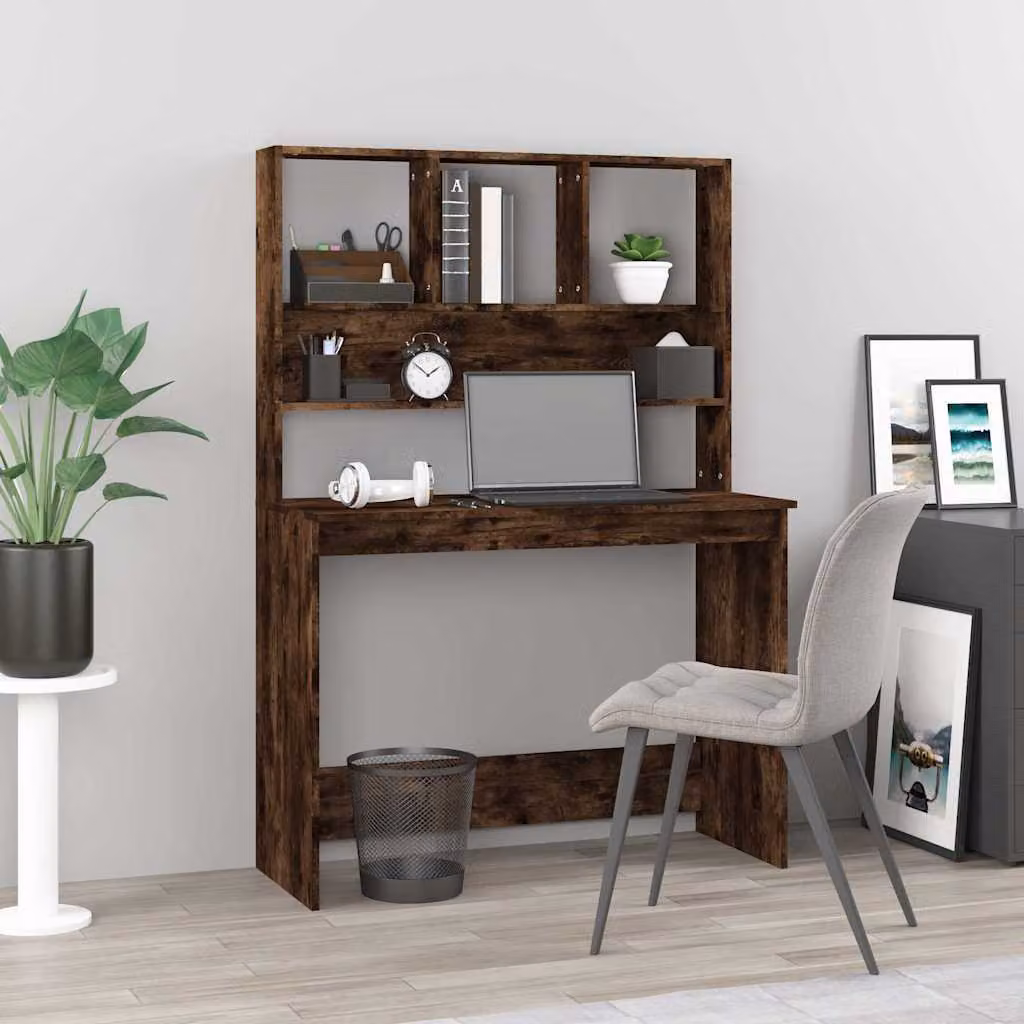 Scrivania con mensole vidaXL in legno rovere fumo, design moderno per ufficio o casa, L 102 cm x P 45 cm x H 148 cm