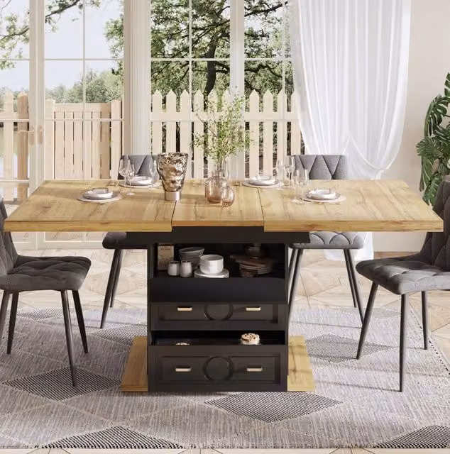 Tavolo da pranzo 110x80x75 cm estendibile con cassetti e vano con chiusura magnetica in MDF e metallo naturale
