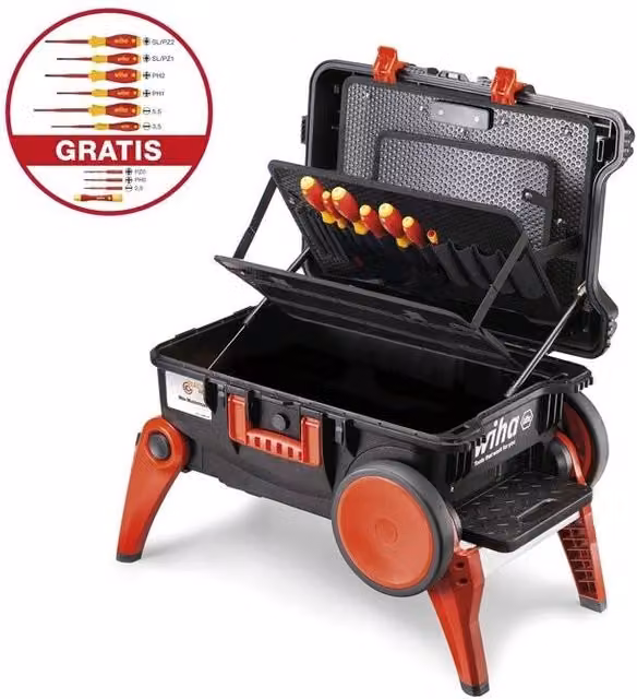 Wiha Valigetta Portautensili XXL III in Polipropilene con Ruote Extra Large e Gambe Ripiegabili, Colore Nero e Rosso, Capacità 52,5 l