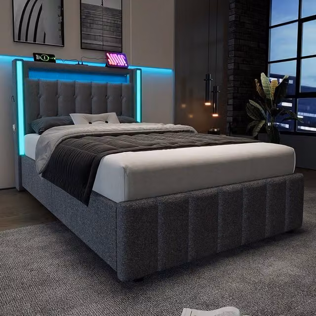 Letto singolo con tiroir e LED - Xylo - 90x200 cm - Grigio