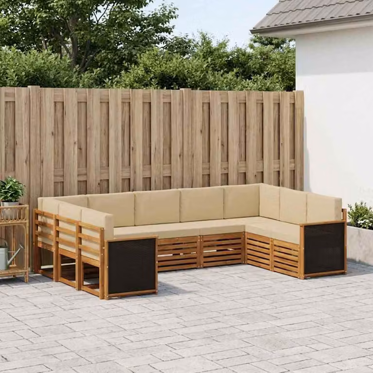 Set di divani da esterno vidaXL 7 pz in legno di acacia con cuscini beige e marrone a forma di L per giardino e terrazza