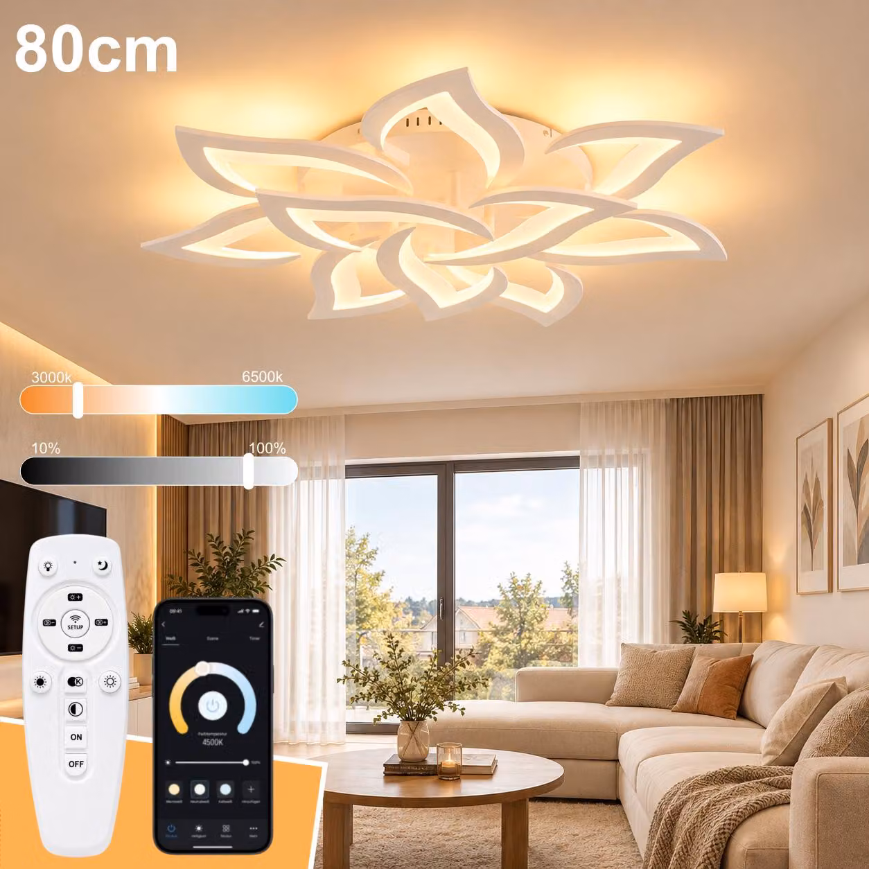 Lampada a soffitto LED da 80 cm, dimmerabile, lampada per soggiorno con telecomando e controllo tramite app, cambio colore da 3000 a 6500K, lampada a soffitto moderna per la camera da letto.