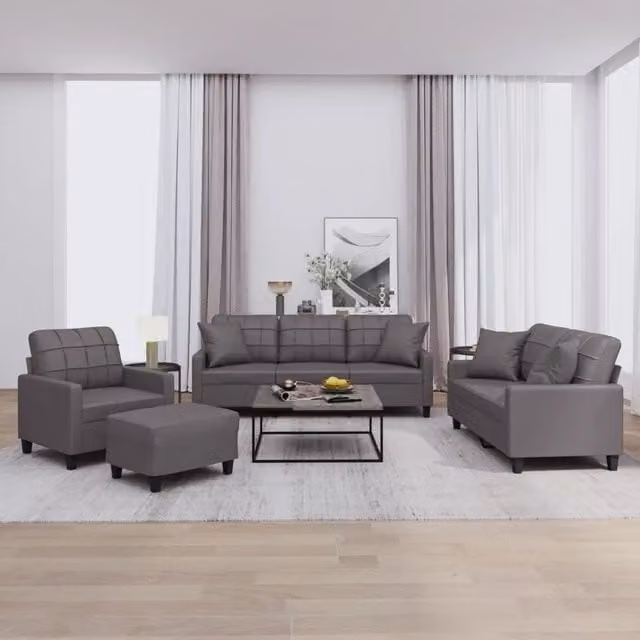 Set di divani moderno vidaXL in similpelle grigia composto da divano a 3 posti, divano a 2 posti, pouf e cuscini per il tuo soggiorno – 1
