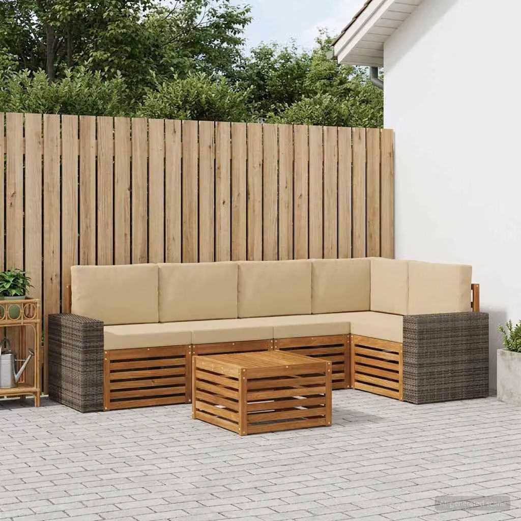 Set di divani da esterno vidaXL 6 pz a forma di L con tavolino, in legno di acacia e tessuto beige resistente ai raggi UV