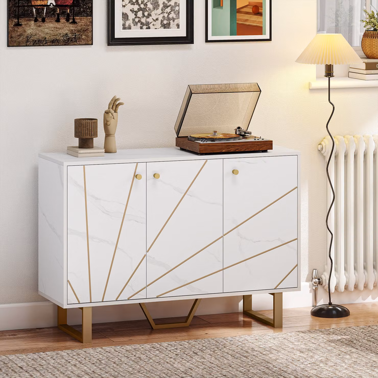 Buffet mobile HOMCOM con 3 porte, mensola regolabile e piedi in metallo, effetto marmo bianco e dettagli oro – 2