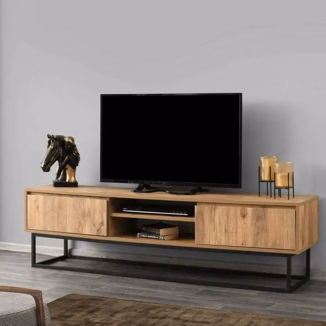 Mobile porta TV Kira DMORA, Credenza da soggiorno moderna in legno e metallo, Nero e Marrone, L: 180 cm, P: 40 cm, H: 50 cm
