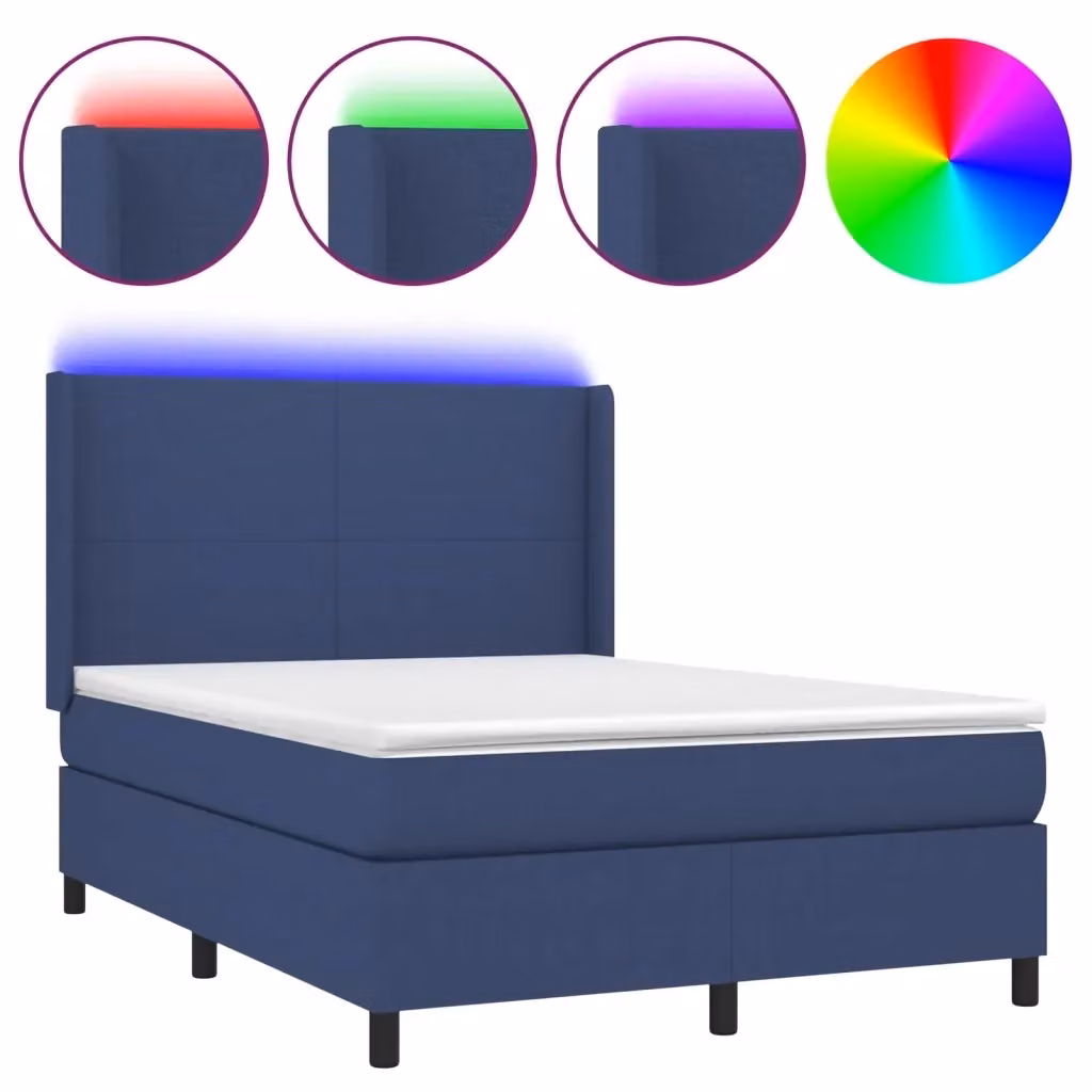 Letto a molle vidaXL con illuminazione LED sottostante e porta di ricarica USB in tessuto blu e bianco L/P/H: 190 x 140 x 128 cm – 2