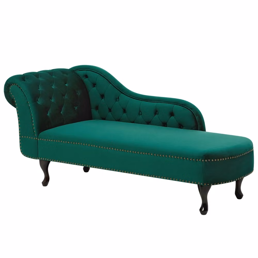 Chaise longue BELIANI in velluto verde con bottoni inchiodati, versione sinistra, L/P/H: 169 x 65 x 79 cm – 2