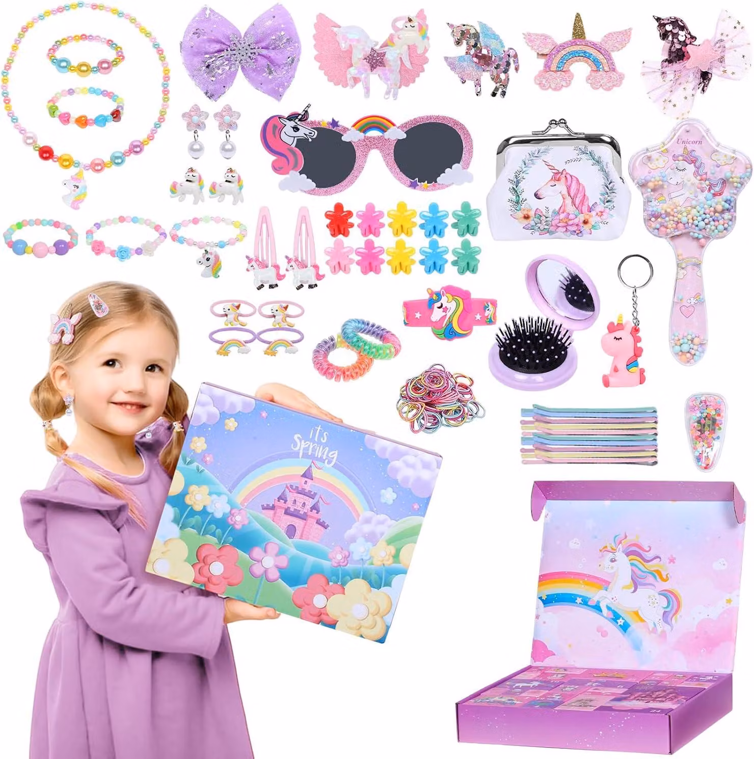 Calendario dell'Avvento 2025 per bambine - Calendario di Natale per bambine con 24 giorni - Tema: unicorno - Set regalo - Braccialetto - Anello - Collana - Portafoglio