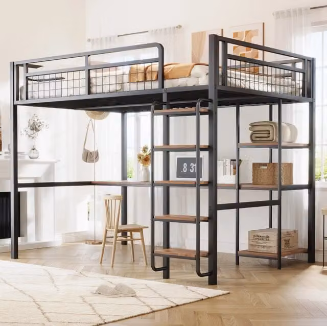 Letto a castello in metallo 140x200 cm con scaletta di sicurezza, scrivania e mensola integrata, ringhiera protettiva, nero
