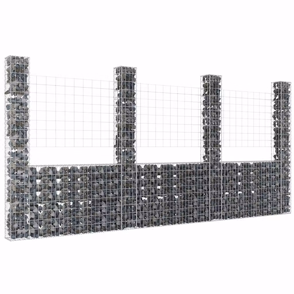 vidaXL Gabbione a U con 4 Pali in Ferro Grigio e Argento L: 380 cm, P: 20 cm, H: 200 cm
