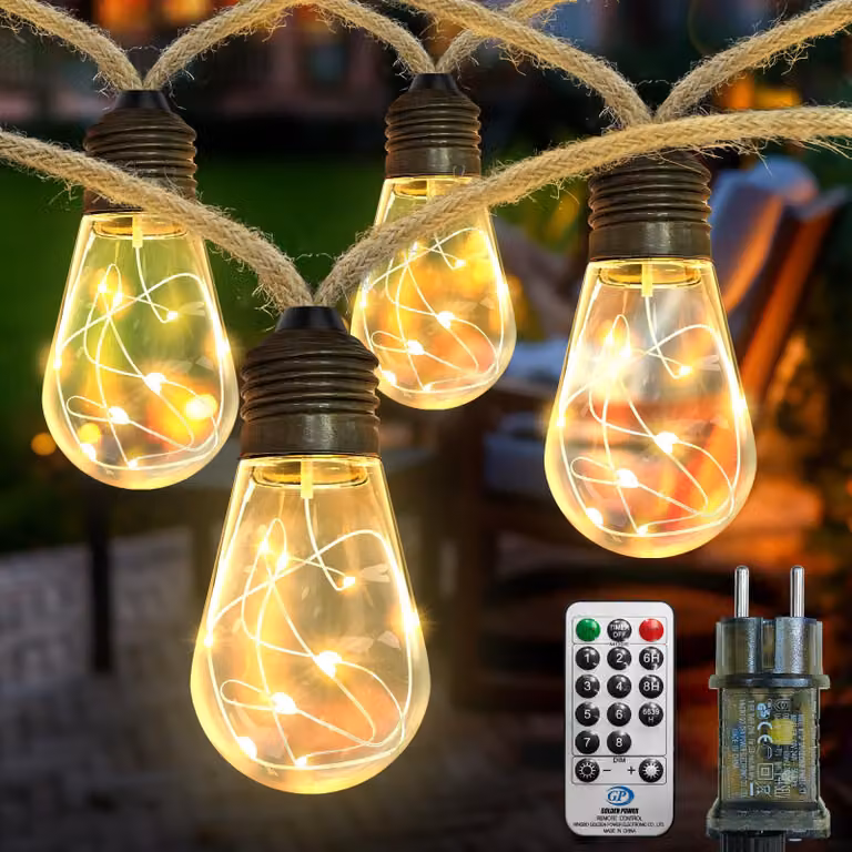 Catena luminosa a LED, 6 metri, 20 lampadine a luce calda, corda in canapa, 8 modalità, grado di protezione IP65