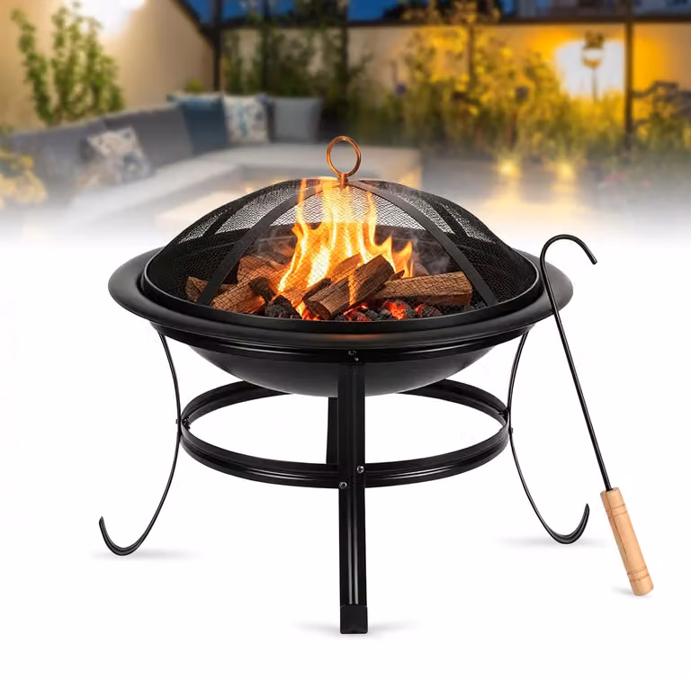 Ikodm, braciere da esterno con diametro di 55 cm, dotato di protezione antiscintille, griglia e gancio per la rimozione della cenere. Realizzato in ferro, ideale per giardino e terrazza, colore nero