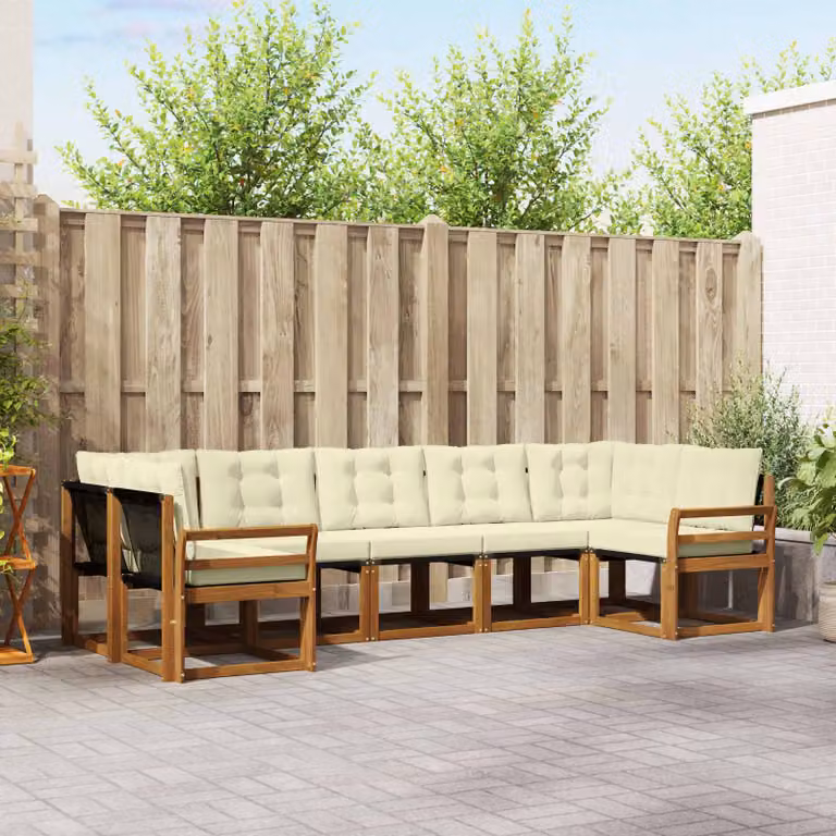 Set di divani da esterno vidaXL 7 pz in legno di acacia con cuscini beige e bianco
