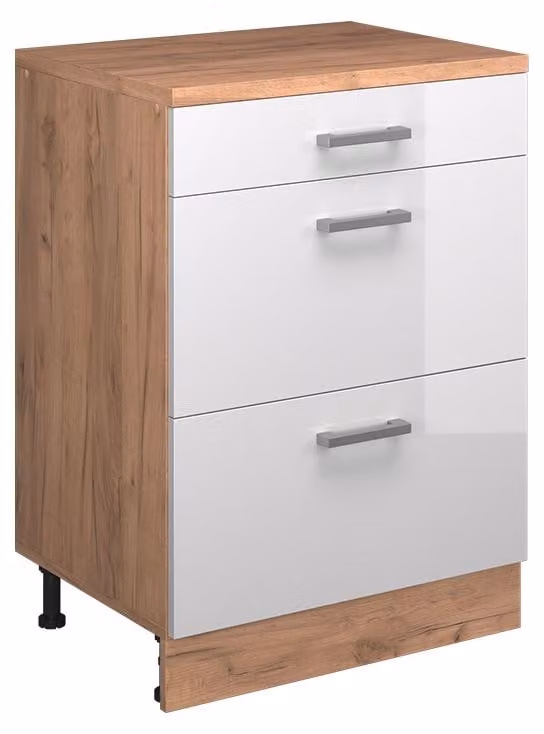 Mobile cucina sottotetto Vicco R-Line Bianco lucido 60 cm senza inclinazione con 3 cassetti, Model 61721