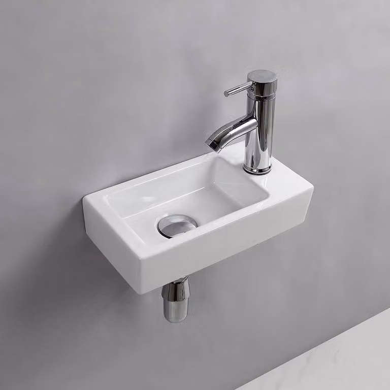 Lavabo da parete in Vetroceramica rettangolare, piccolo, dimensioni 365x185x90 mm, colore bianco
