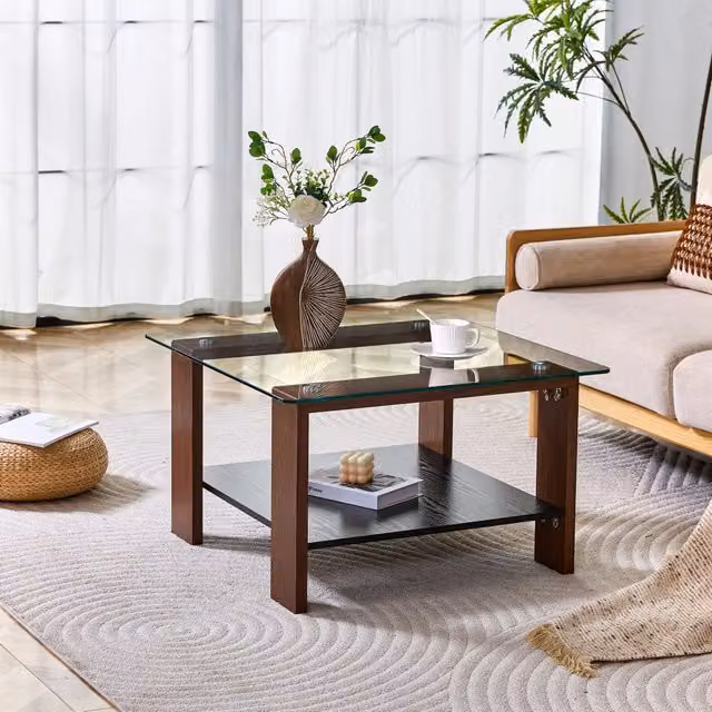 Tavolino basso fisso con piano in vetro e ripiano portaoggetti in MDF color noce 65 × 41 × 45.5 cm