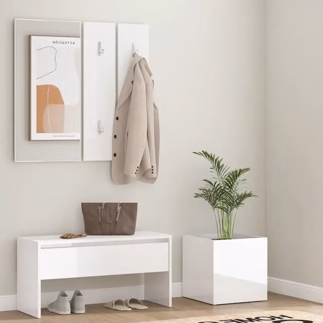 Set di mobili da corridoio moderno vidaXL bianco lucido con panca, specchio e pannello in legno e plastica – 1