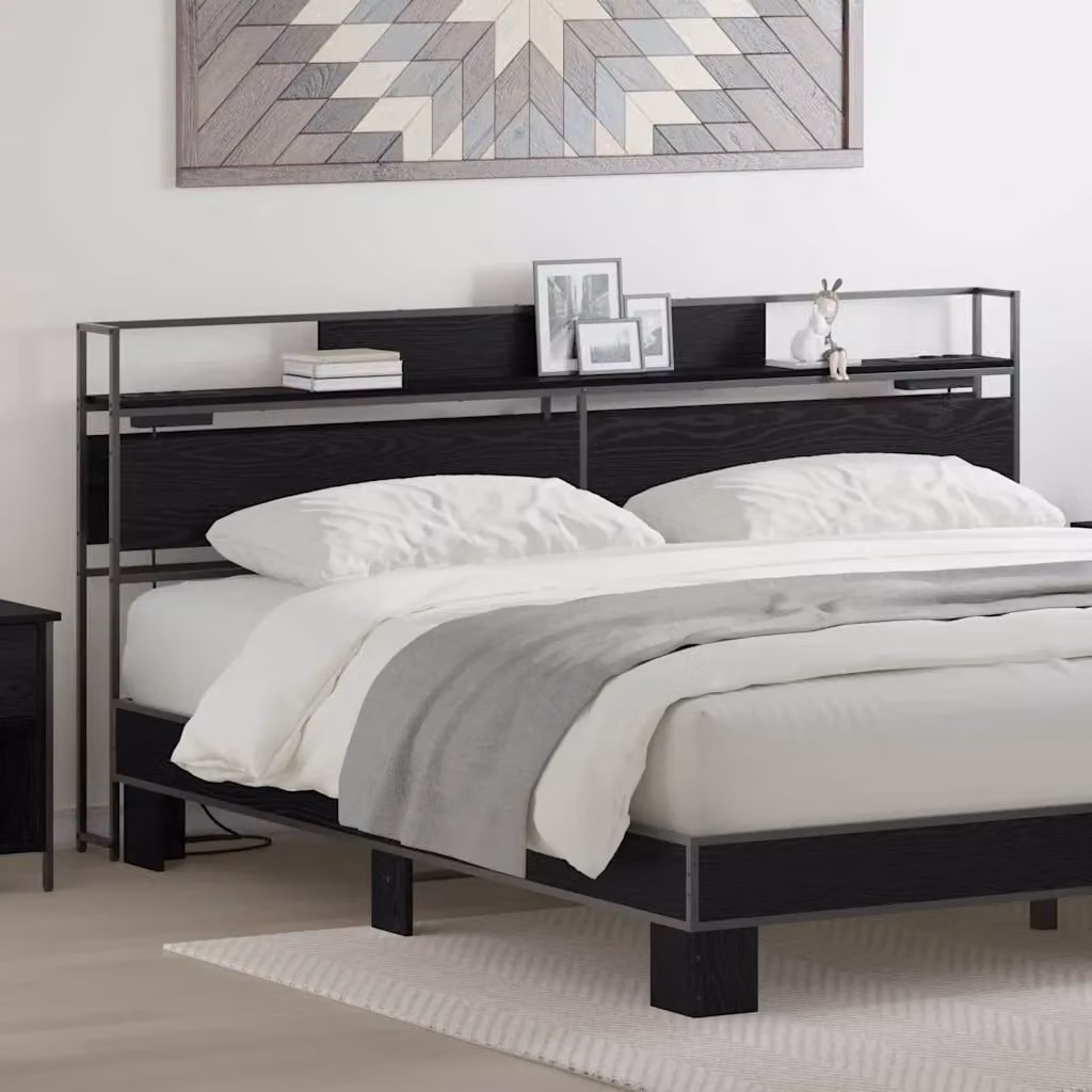Testata letto con contenitore vidaXL in legno e metallo nero con ripiano integrato e porta USB, L: 200 cm, H: 98 cm, P: 15 cm