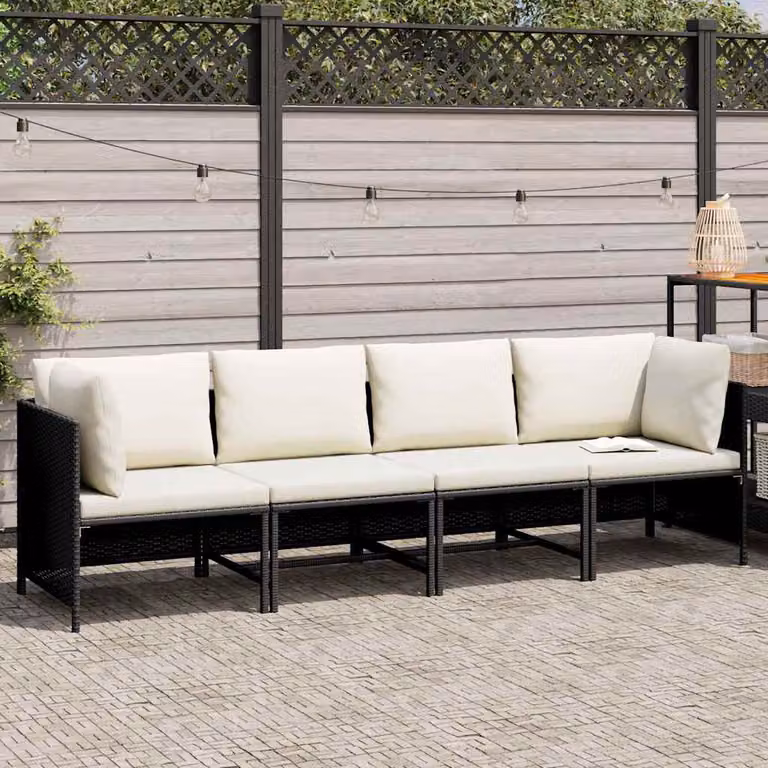 vidaXL Divano da Giardino a 4 Posti con Cuscini Nero in Polyrattan